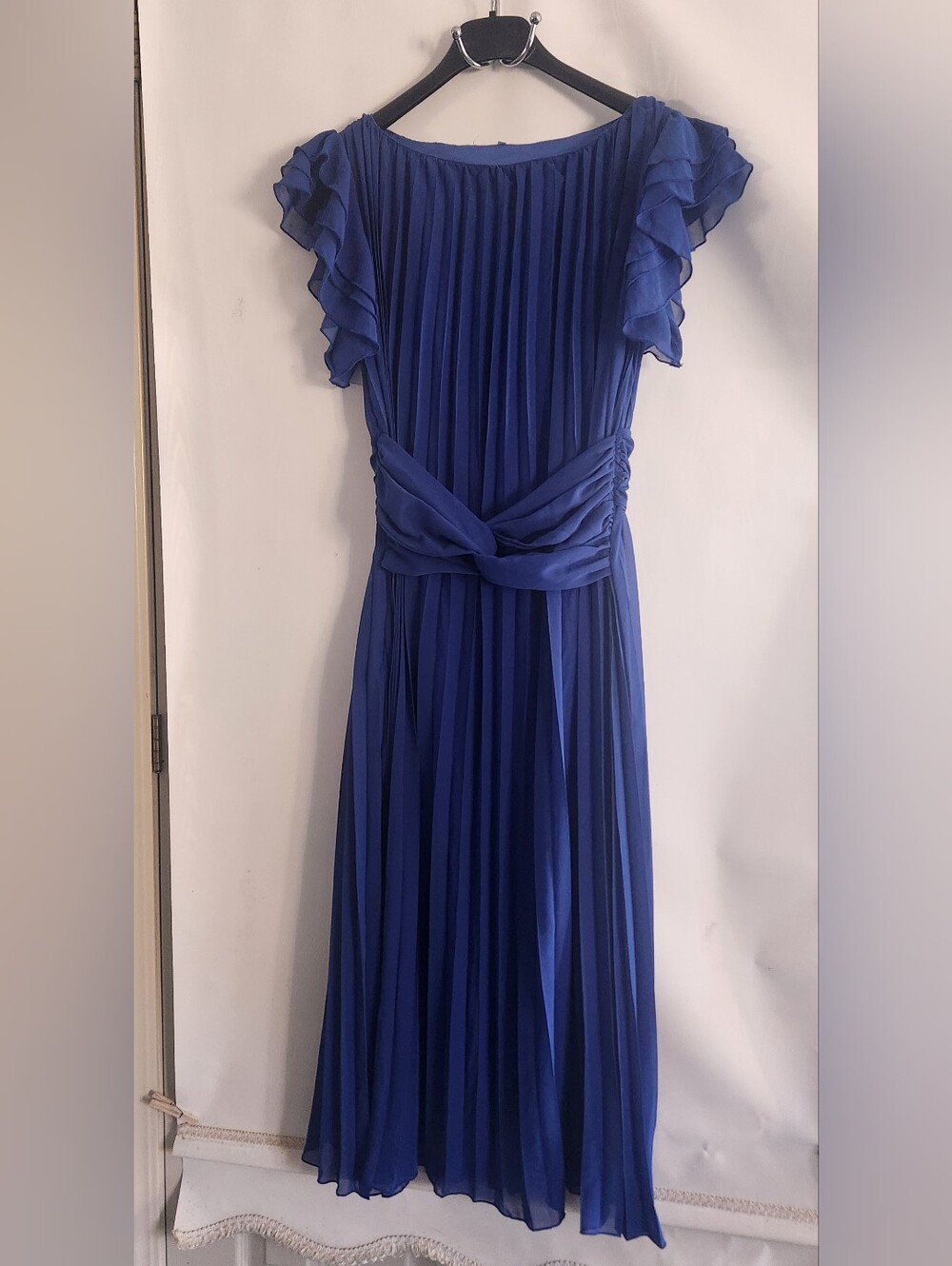 NEW Royal Blue Vertical Pleated Maxi Dress w/ Ruffled Flutter Sleeves Size XL